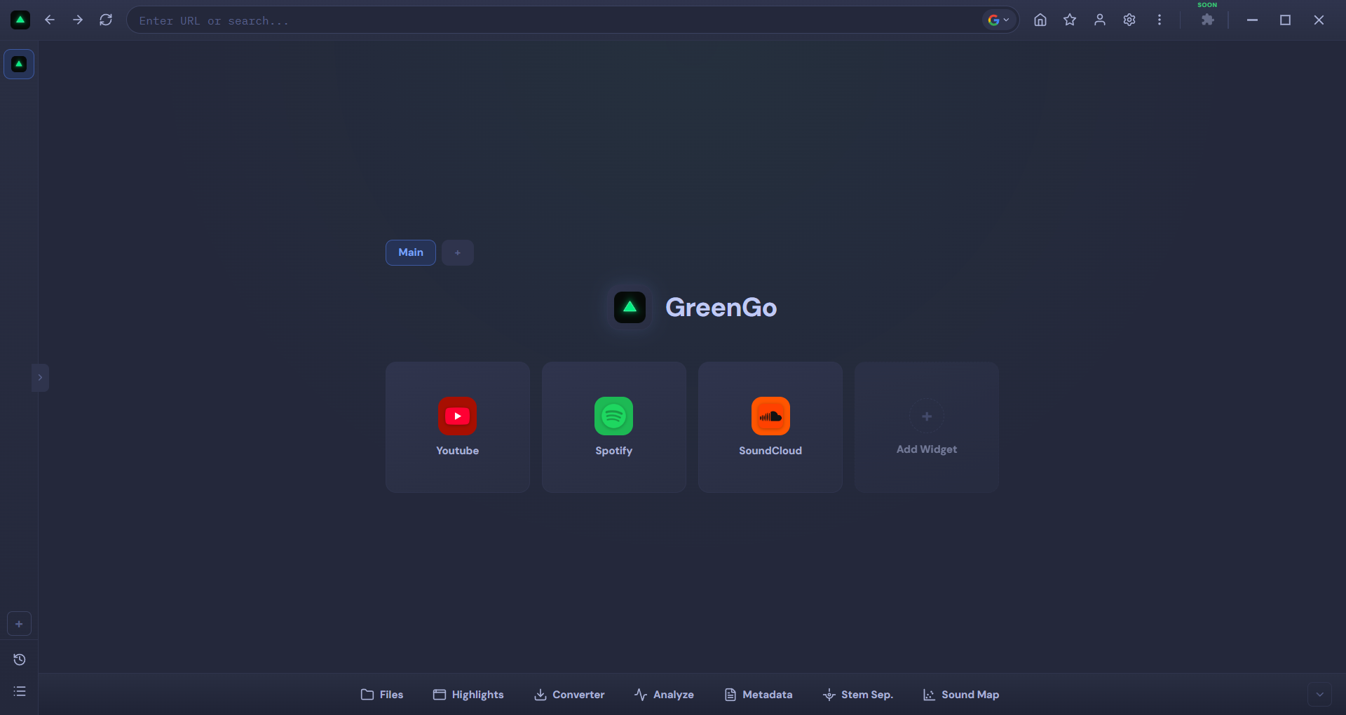 GreenGo Browser — Tokyo Night Storm theme